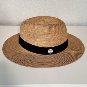 Posh Botton Boutique Womens Panama Straw Brown Hat  Black Ribbon Logo CC One Siz